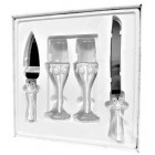 4 Piece Wedding Cake Knife and Server Set with Champagne Toasting Glass Flutes Pearl Design